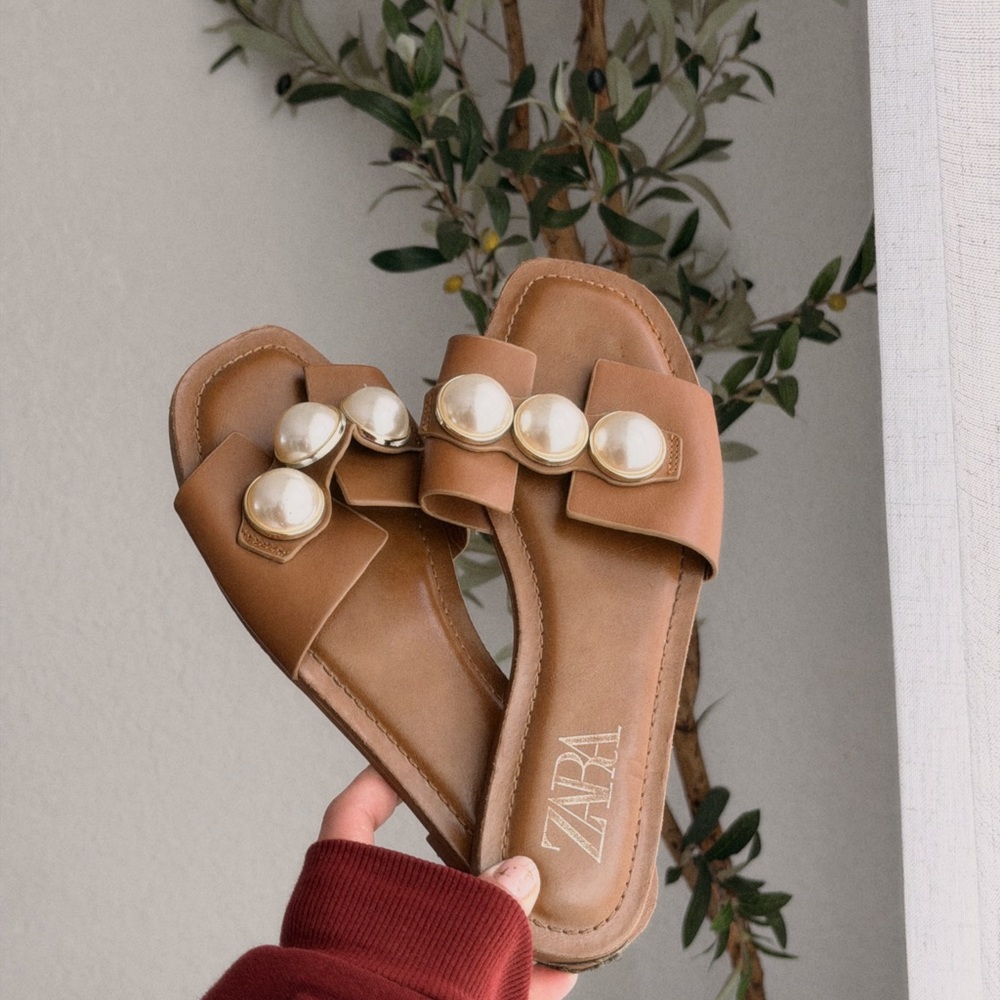 Zara Tan Sandals with Pearl Details